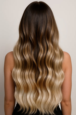CLIP-IN EXTENSIONS LUXURY QUALITÄT DELUXE SOMBRE BALAYAGE Schoko-Dunkelbraun & Platinblond