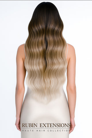 Tape-in Extensions 100% Echthaar - Ombre - BalayageLine, Schoko-Dunkelbraun & Silberblond