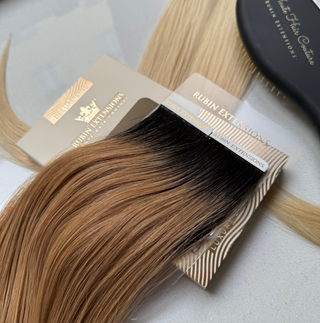 Tape-in Extensions 100% Echthaar - Ombre - BalayageLine, Schoko-Dunkelbraun & Silberblond